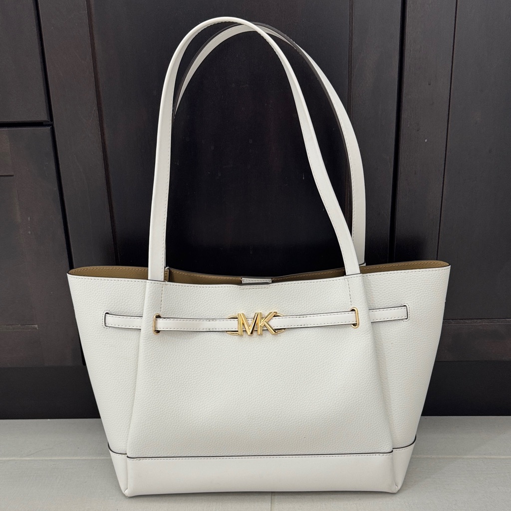 Michael Kors Reed Large Leather Belted Tote Shoulder Purse Bag - Optic White